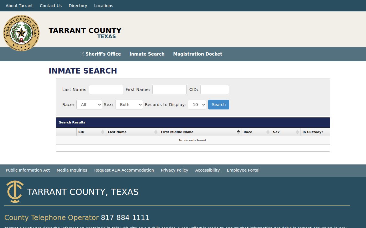 Saginaw resident lookup Tarrant County inmate search interface